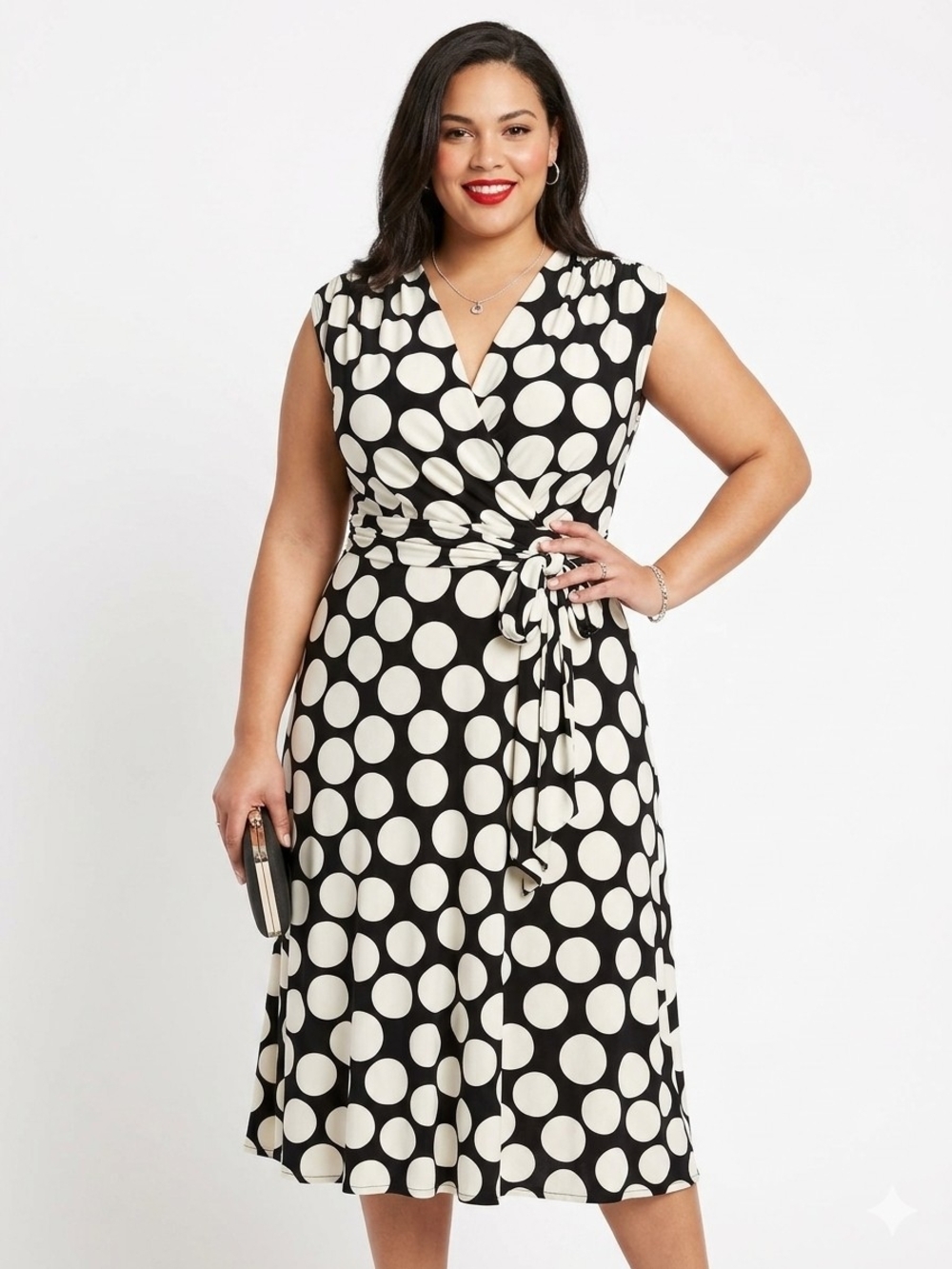 ​Cato Woman Plus Size 20W Polka Dot  Midi Dress Black White V-Neck